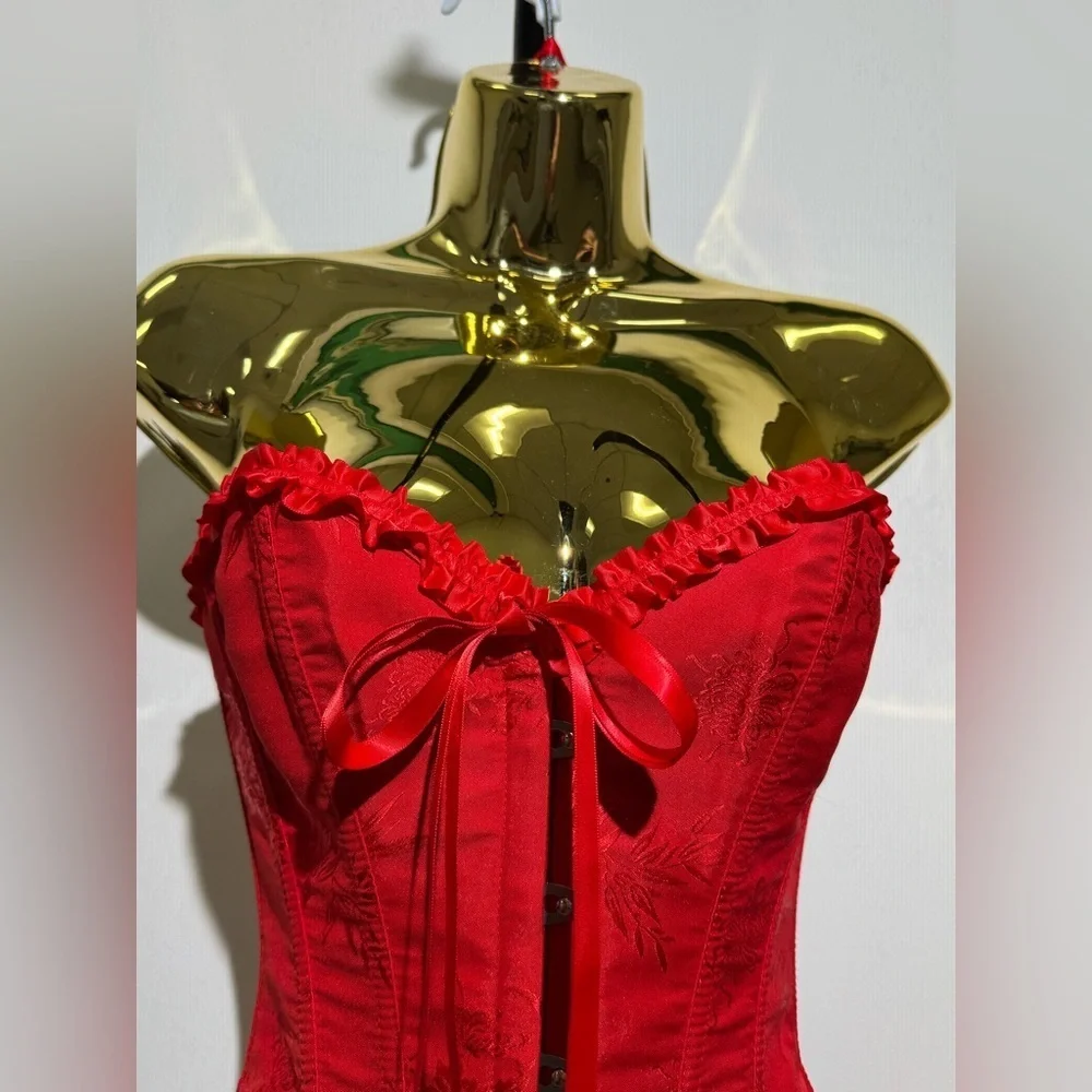 Red Satin Lace Up Corset XS Strapless Bustier Top Y2K